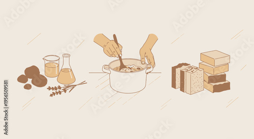 Hands mixing ingredients in a pot, surrounded by natural raw materials and finished handcrafted soap bars.