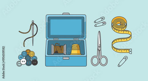 Open sewing box filled with essential sewing supplies like colorful buttons, needle, thread, and scissors in a bright studio.