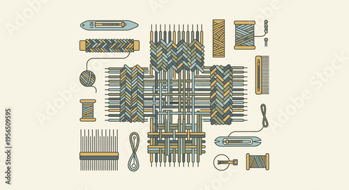 Flat lay showcasing various weaving tools, threads, and different patterns of woven fabric samples.