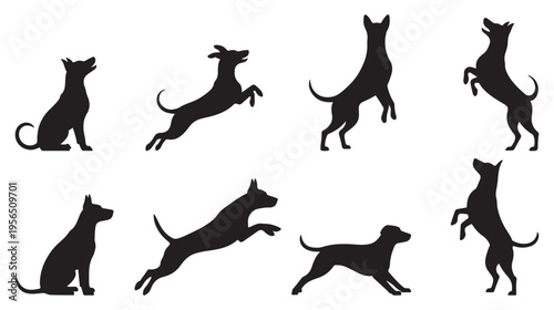 Jumping and leaping dog silhouettes collection for pet care. vector illustration eps 10