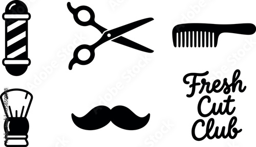 Vector art set of barber tools with mustache and fresh cut club text