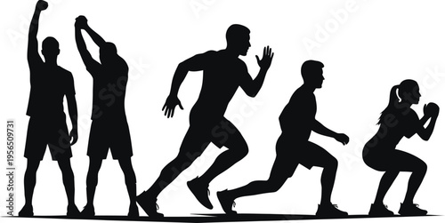 Silhouette of five athletes in various running and exercise poses