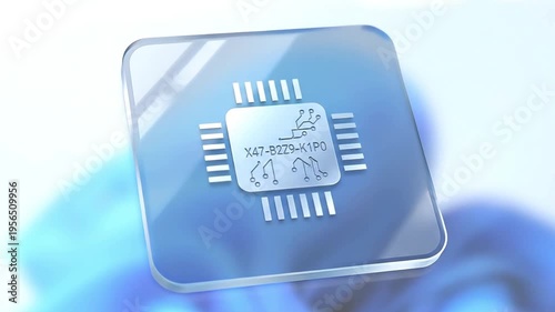 Close-up of a modern computer microchip with intricate circuitry etched onto a transparent glass surface, symbolizing technology and innovation.