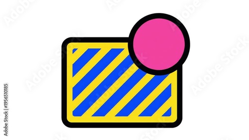 Abstract graphic representation of a notification icon with a pink circle and blue and yellow diagonal stripes on a white background