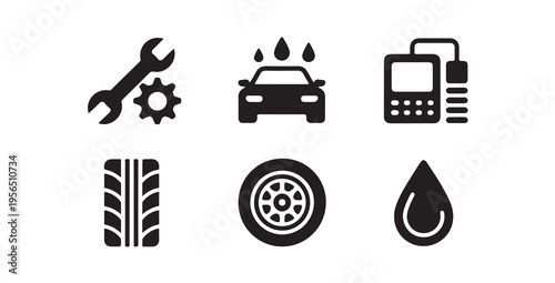 Automotive service and car maintenance icons set including tools and engine diagnostic equipment