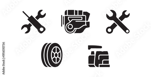 Mechanical engine repair and tool icons set featuring crossed wrenches and car motor components