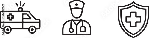 Emergency medical service icons including ambulance vehicle and nursing staff and safety shield