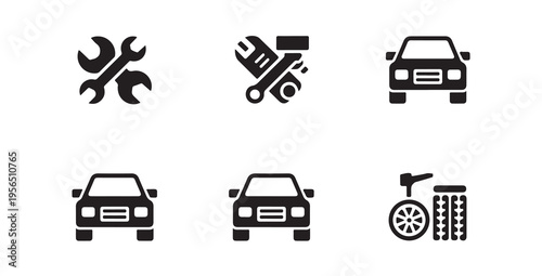 Auto repair and car maintenance symbols including tools and vehicle silhouettes for service shop