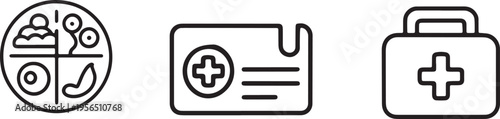 Health and nutrition icons featuring balanced diet plate and medical records and first aid kit