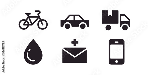 Logistics and communication icons set including transport modes oil drop and mobile device signs
