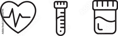 Heartbeat with cardiogram, test tube, and urine sample bottle for medical diagnosis