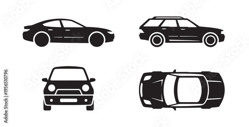 Set of car icon illustrations showing different perspectives including sedan wagon front view and top view