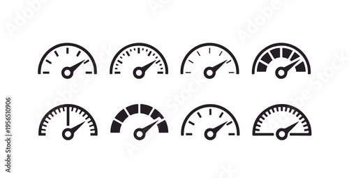 Speedometer gauge set, dashboard meter icons, speed indicator for car performance, velocity measurement