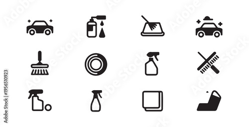 Car washing icons set featuring vehicle cleaning tools spray bottles and professional service items