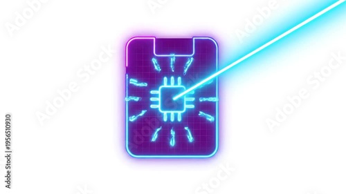 Neon glowing circuit board with CPU chip and laser beam, digital technology and innovation concept