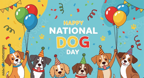 Happy national dog day celebration with dogs wearing party hats and balloons