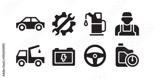 Automotive service and car repair icons including mechanic avatar battery and fuel station symbols