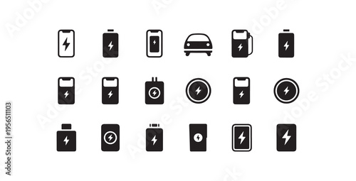 Energy charging simple vector icon set various power related symbols and electric car glyph