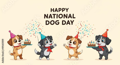 Four cartoon dogs celebrate national dog day with party hats and cakes on a beige background with confetti