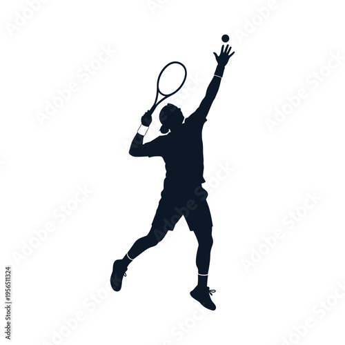 Silhouette of tennis player in action, serving the ball on a white background, capturing athleticism and focus