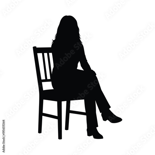 Silhouette of a woman sitting on a chair, long hair, side profile, minimalist design, solitude and contemplation