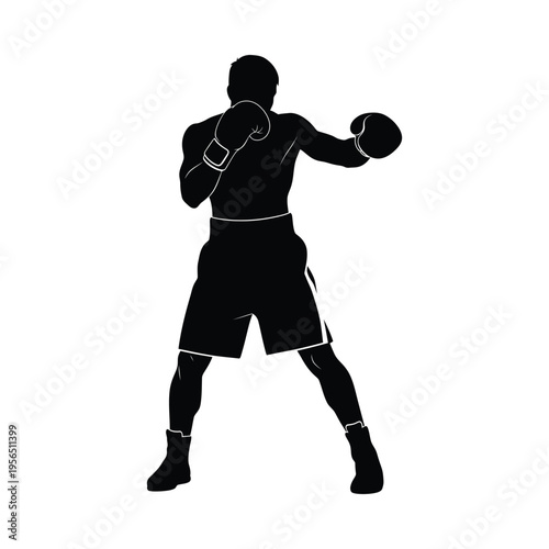 Silhouette of a boxer in fighting stance, wearing gloves and shorts, ready for a match in the ring
