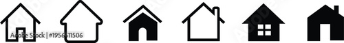 A row of six simple house icons in black and white