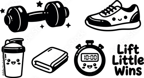 Vector line art fitness icons with dumbbell sneaker and stopwatch book protein shake water bottle