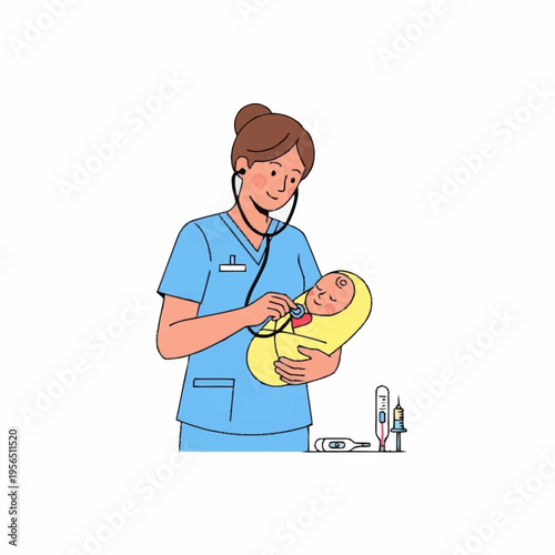 Female nurse examining newborn baby with stethoscope.