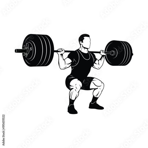 Athletic man performing a heavy barbell squat in a gym, showcasing strength and determination