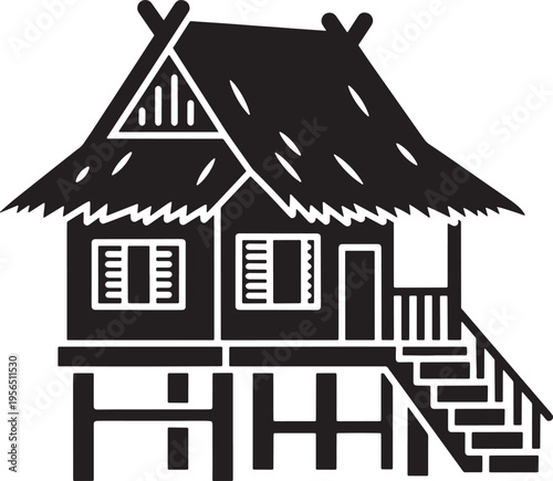 Stilt House Icon, Black Silhouette with Thatched Roof and Staircase