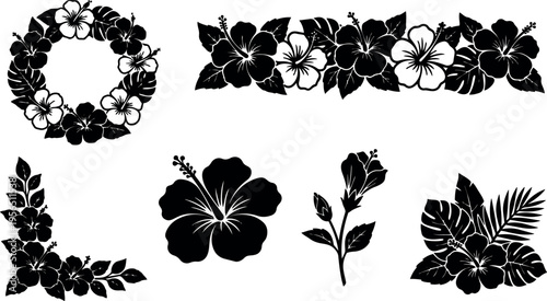 Vector hibiscus floral borders and palm silhouettes for tropical plant design