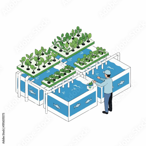 Isometric Aquaponics System with Farmer Tending to Fish and Plants.