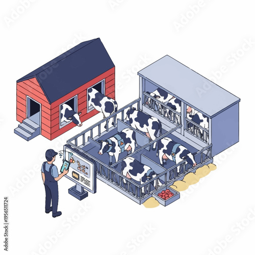 Isometric illustration of a farmer monitoring cows in a modern dairy farm.