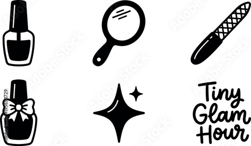 Vector icons nail polish mirror lipstick and sparkles tiny glam hour collection