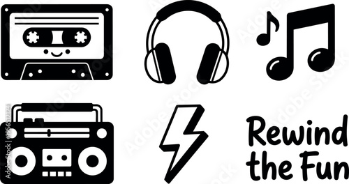 Vector art icons cassette headphones music notes boombox lightning rewind the fun