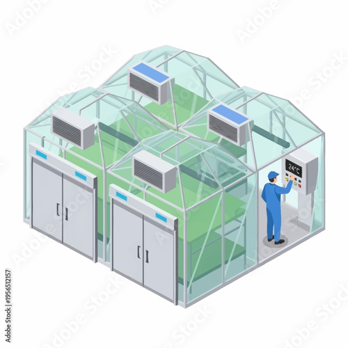 Isometric Smart Greenhouse with Worker Controlling Climate System.