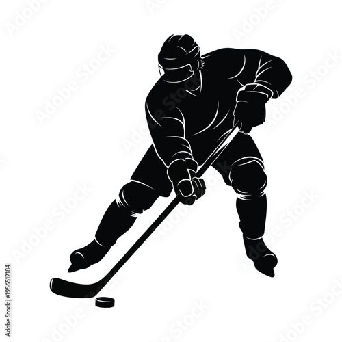 Silhouette of an ice hockey player in action, dynamic pose, black and white illustration, sports theme