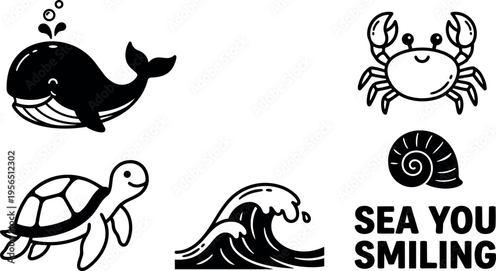 Fototapeta premium Vector line art sea life icons with whale crab turtle wave and sea you smiling