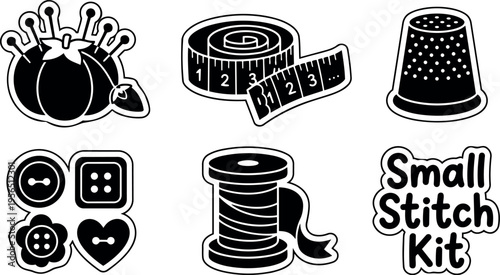 Vector line art sewing kit icons and tools for craft projects clip art