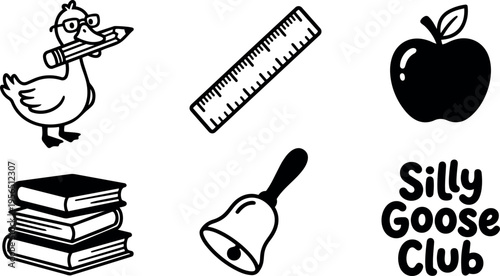 Vector art duck holding pencil with ruler apple books bell silly goose club