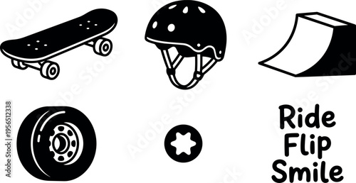 Vector art line up of skateboard gear and ride theme with black and white contrast