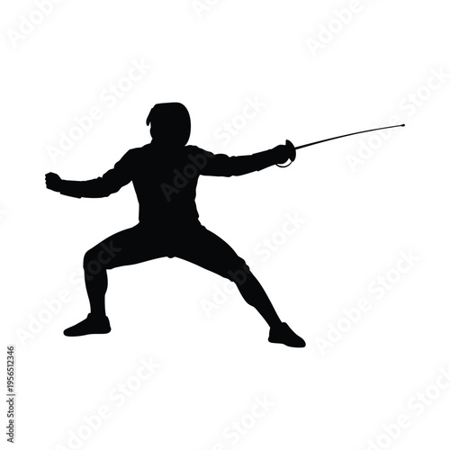 Silhouette of a fencer in action, lunging forward with sword extended in a dynamic pose, black and white