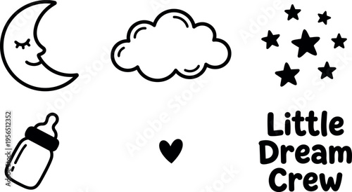 Vector doodle set with moon cloud stars bottle heart and little dream crew