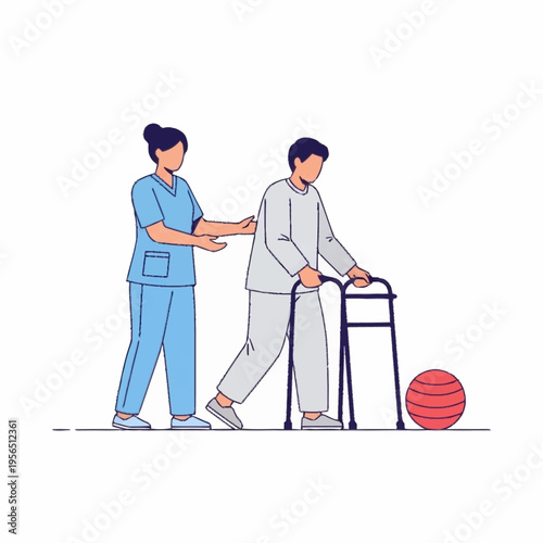 Nurse assisting elderly patient with walker during rehabilitation.