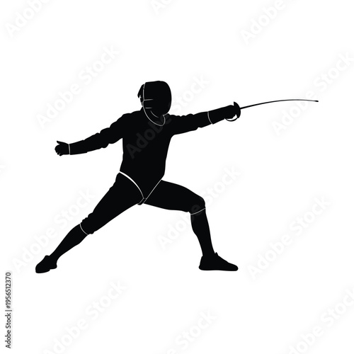 Silhouette of a fencer in action, lunging forward with sword extended in a dynamic pose, sport theme