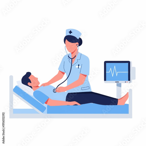 Nurse checking patients heartbeat in hospital bed with medical monitor.