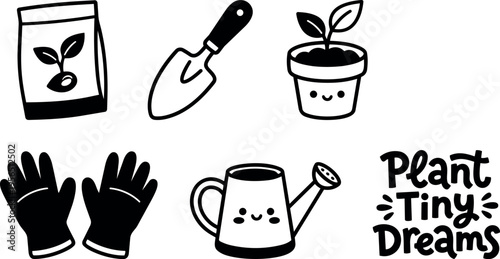 Line art garden tools and seedlings with watering can gloves and plant tiny dreams