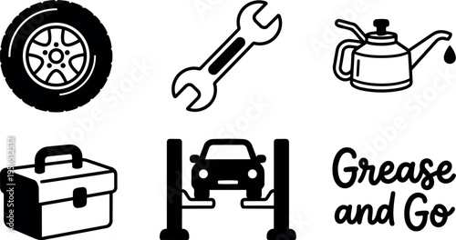 Flat design tire wrench oil can toolbox car lift greasing icon set