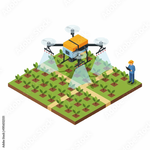 Smart farming drone spraying crops with precision agriculture technology.